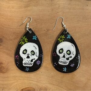 Hand-Painted Skull Drop Earrings with Rhinestone Eyes